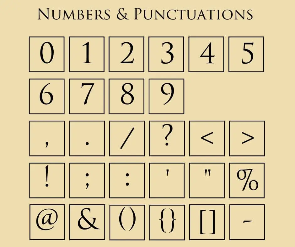 Hamilton Font Numbers and Punctuations