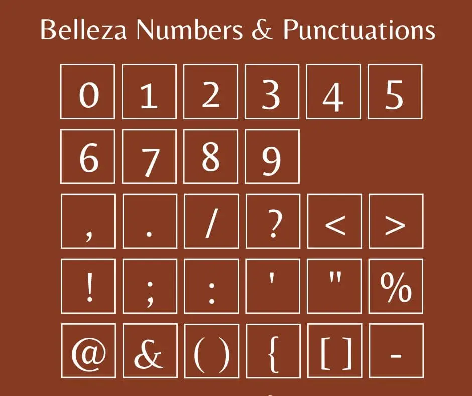 Belleza Font Numbers And Punctuations