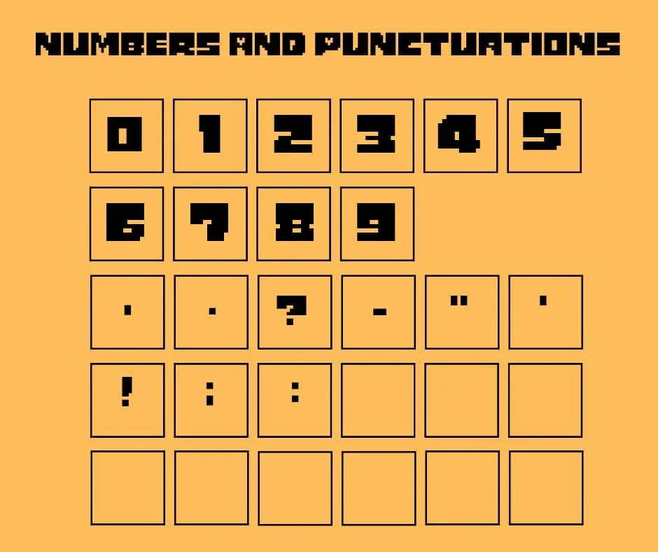 Undertale font Numbers and punctuations